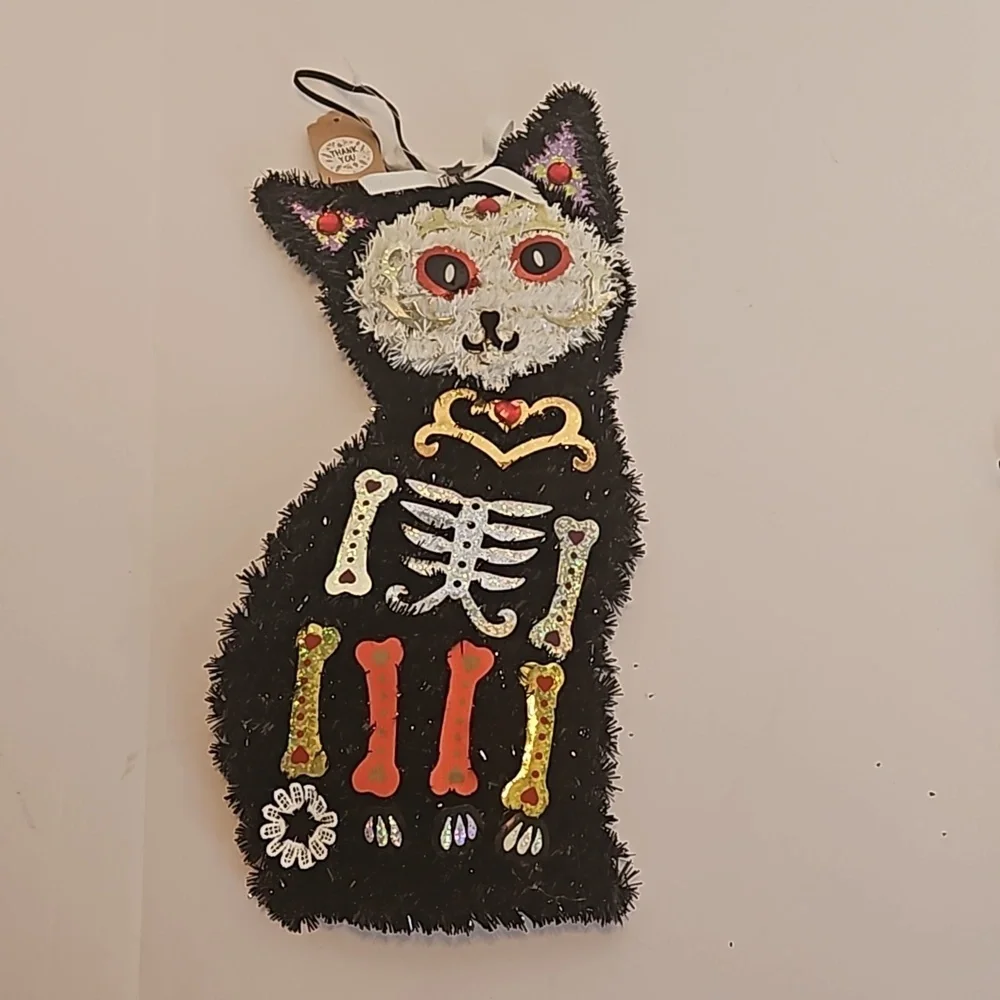 Hand crafted Halloween Cats Set of 2 Black Cats Handmade Holographic Bone detail